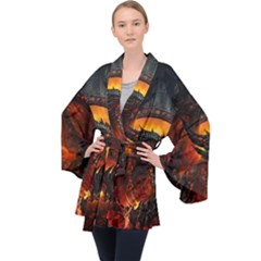 Dragon Fire Fantasy Art Long Sleeve Velvet Kimono 