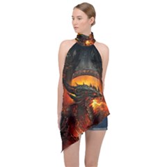 Dragon Fire Fantasy Art Halter Asymmetric Satin Top by Maspions