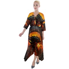 Dragon Fire Fantasy Art Quarter Sleeve Wrap Front Maxi Dress