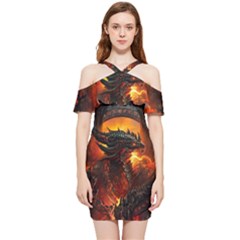 Dragon Fire Fantasy Art Shoulder Frill Bodycon Summer Dress by Maspions