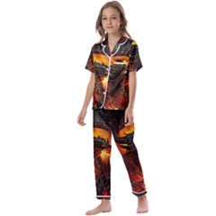 Dragon Fire Fantasy Art Kids  Satin Short Sleeve Pajamas Set