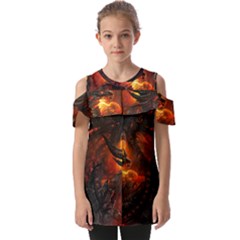 Dragon Fire Fantasy Art Fold Over Open Sleeve Top by Maspions