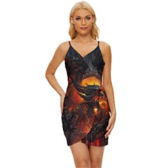 Dragon Fire Fantasy Art Wrap Tie Front Dress