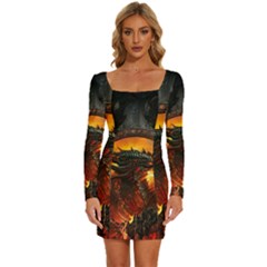 Dragon Fire Fantasy Art Long Sleeve Square Neck Bodycon Velvet Dress