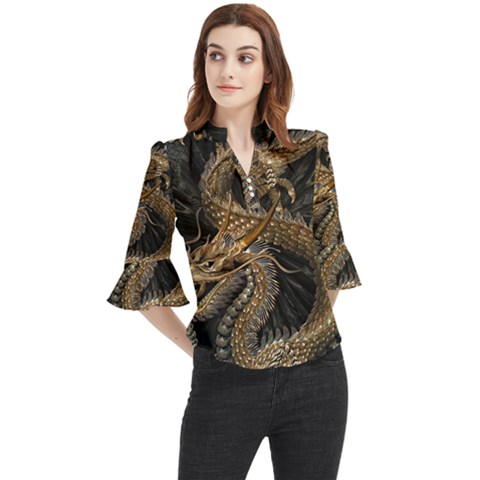 Fantasy Dragon Pentagram Loose Horn Sleeve Chiffon Blouse by Maspions