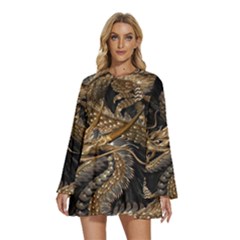 Fantasy Dragon Pentagram Round Neck Long Sleeve Bohemian Style Chiffon Mini Dress by Maspions