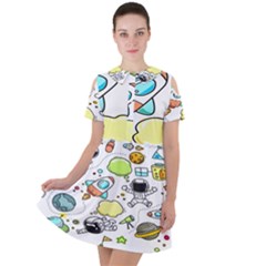 Sketch Cartoon Space Set Short Sleeve Shoulder Cut Out Dress  by Hannah976