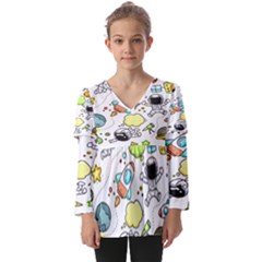 Sketch Cartoon Space Set Kids  V Neck Casual Top by Hannah976