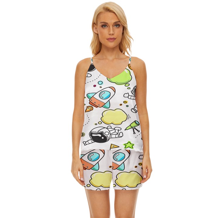 Sketch Cartoon Space Set V-Neck Satin Pajamas Set