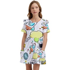 Sketch Cartoon Space Set Kids  Frilly Sleeves Pocket Dress by Hannah976