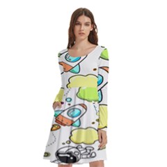 Sketch Cartoon Space Set Long Sleeve Knee Length Skater Dress With Pockets