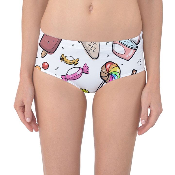 Doodle Cartoon Drawn Cone Food Mid-Waist Bikini Bottoms