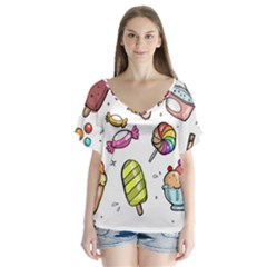 Doodle Cartoon Drawn Cone Food V-neck Flutter Sleeve Top by Hannah976