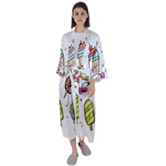 Doodle Cartoon Drawn Cone Food Maxi Satin Kimono by Hannah976