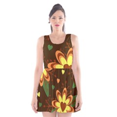 Floral Hearts Brown Green Retro Scoop Neck Skater Dress by Hannah976