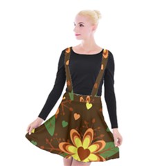 Floral Hearts Brown Green Retro Suspender Skater Skirt by Hannah976