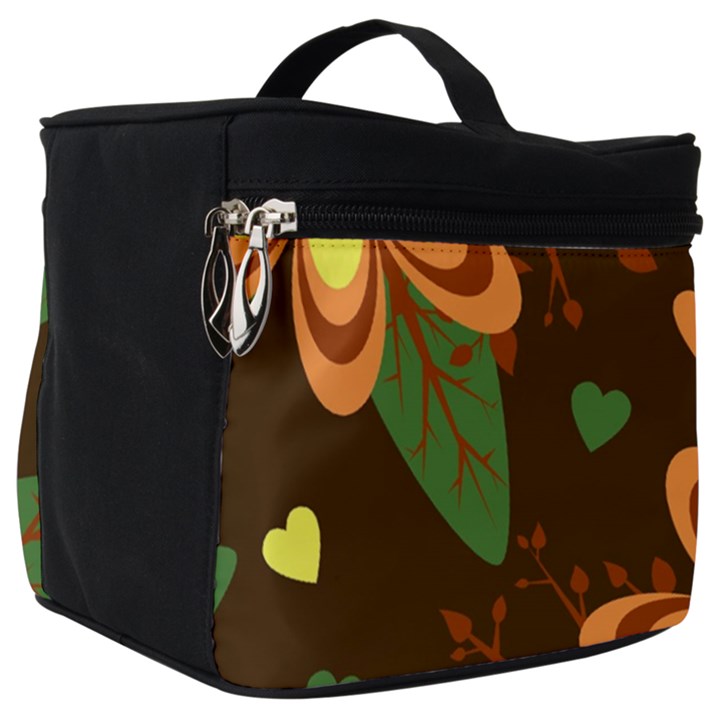 Floral Hearts Brown Green Retro Make Up Travel Bag (Big)