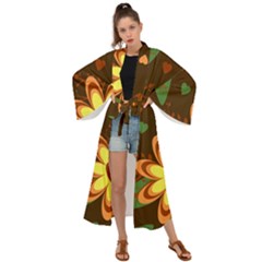 Floral Hearts Brown Green Retro Maxi Kimono by Hannah976