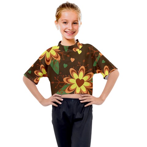 Floral Hearts Brown Green Retro Kids Mock Neck T-shirt by Hannah976