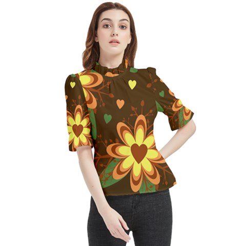 Floral Hearts Brown Green Retro Frill Neck Blouse by Hannah976