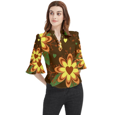 Floral Hearts Brown Green Retro Loose Horn Sleeve Chiffon Blouse by Hannah976