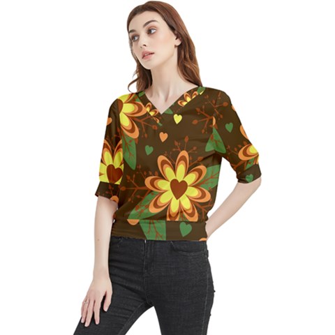 Floral Hearts Brown Green Retro Quarter Sleeve Blouse by Hannah976