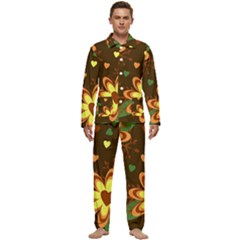 Floral Hearts Brown Green Retro Men s Long Sleeve Velvet Pocket Pajamas Set by Hannah976