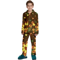 Floral Hearts Brown Green Retro Kids  Long Sleeve Velvet Pajamas Set by Hannah976