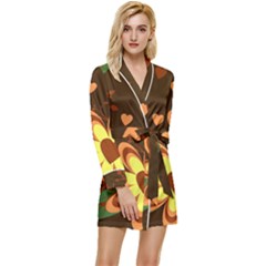 Floral Hearts Brown Green Retro Long Sleeve Satin Robe by Hannah976