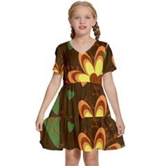 Floral Hearts Brown Green Retro Kids  Short Sleeve Tiered Mini Dress by Hannah976