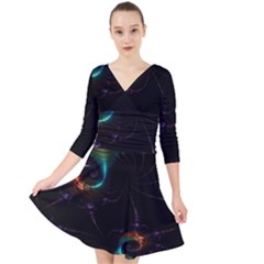 Fractal Transfer Metallic Black Quarter Sleeve Front Wrap Dress by Hannah976