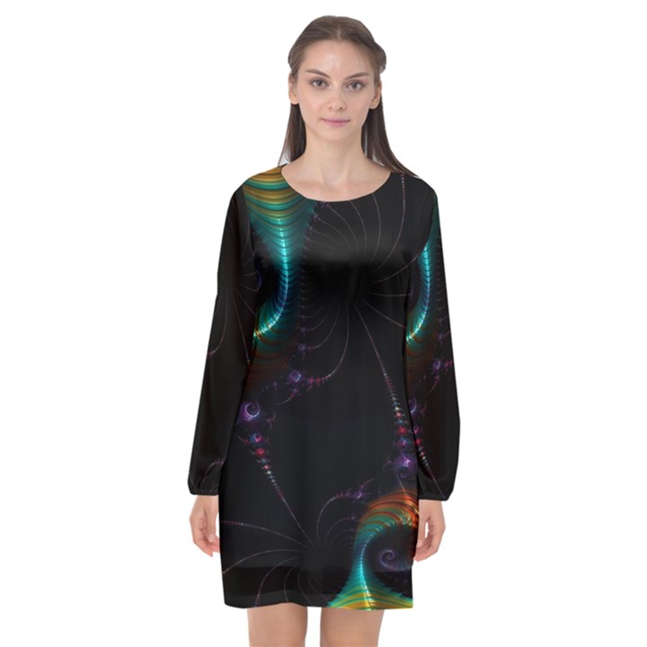 Fractal Transfer Metallic Black Long Sleeve Chiffon Shift Dress 