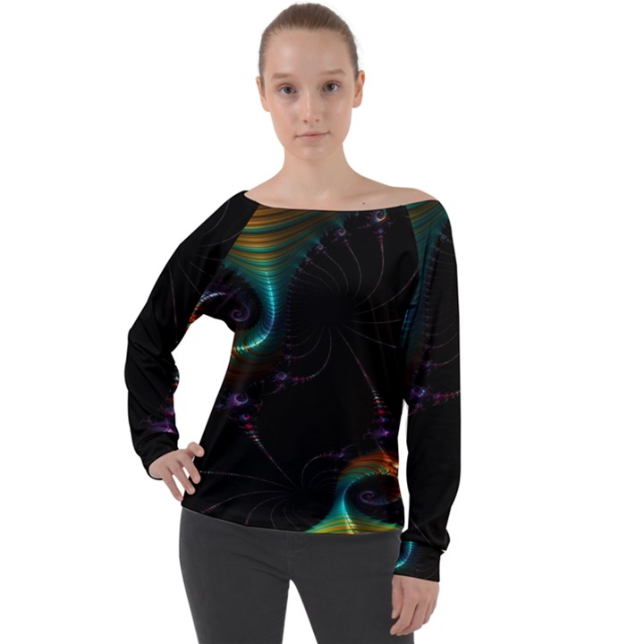 Fractal Transfer Metallic Black Off Shoulder Long Sleeve Velour Top