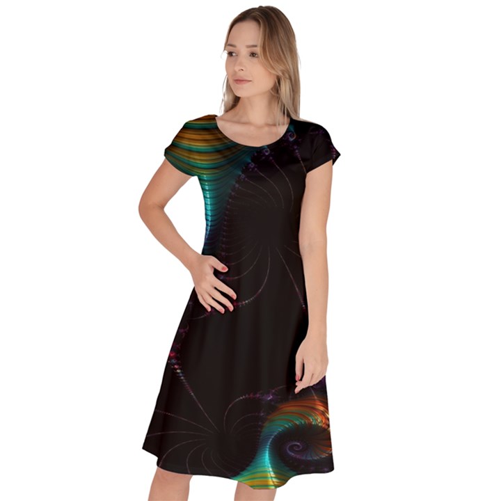 Fractal Transfer Metallic Black Classic Short Sleeve Dress