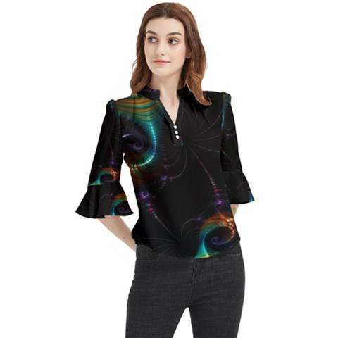 Fractal Transfer Metallic Black Loose Horn Sleeve Chiffon Blouse by Hannah976