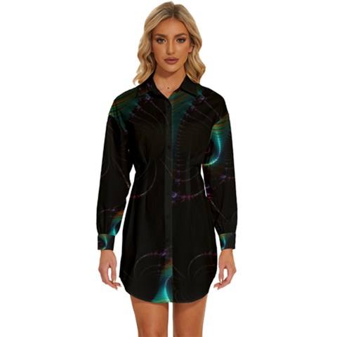 Fractal Transfer Metallic Black Womens Long Sleeve Shirt Dress by Hannah976