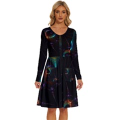 Fractal Transfer Metallic Black Long Sleeve Dress With Pocket by Hannah976