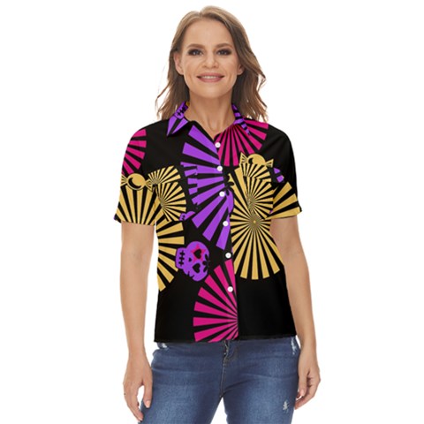 Seamless Halloween Day Of The Dead Women s Short Sleeve Double Pocket Shirt by Hannah976