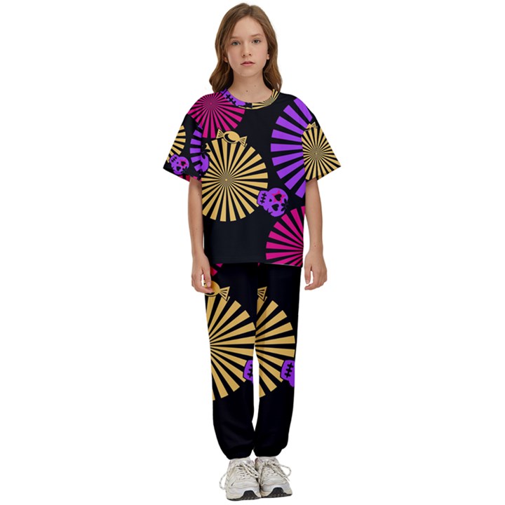 Seamless Halloween Day Of The Dead Kids  T-Shirt and Pants Sports Set