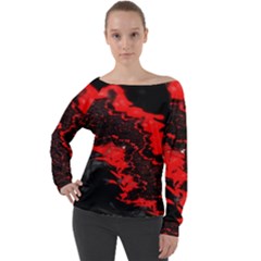 Red Black Fractal Mandelbrot Art Wallpaper Off Shoulder Long Sleeve Velour Top by Hannah976