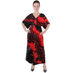 Red Black Fractal Mandelbrot Art Wallpaper V-neck Boho Style Maxi Dress by Hannah976