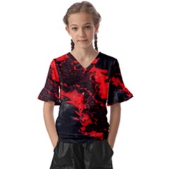 Red Black Fractal Mandelbrot Art Wallpaper Kids  V-neck Horn Sleeve Blouse by Hannah976