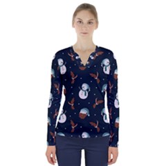 Santa Snowman V-neck Long Sleeve Top by ConteMonfrey