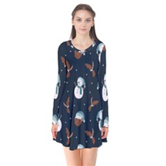 Santa Snowman Long Sleeve V-neck Flare Dress by ConteMonfrey