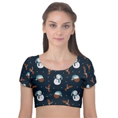 Santa Snowman Velvet Short Sleeve Crop Top  by ConteMonfrey