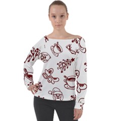 Red And White Christmas Breakfast  Off Shoulder Long Sleeve Velour Top