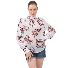 Red And White Christmas Breakfast  High Neck Long Sleeve Chiffon Top