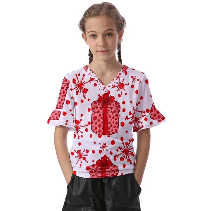 Cute Gift Boxes Kids  V-Neck Horn Sleeve Blouse