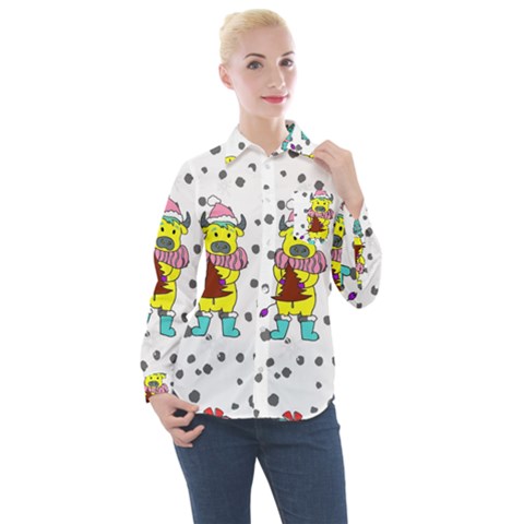 Little Bull Wishes You A Merry Christmas  Women s Long Sleeve Pocket Shirt by ConteMonfrey