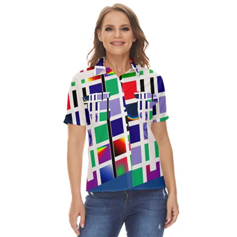 Color Graffiti Pattern Geometric Women s Short Sleeve Double Pocket Shirt by Hannah976